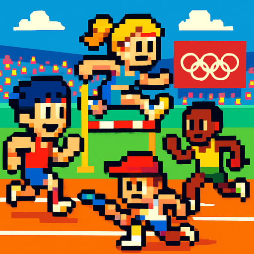 has personajes animados estilo arcade en un ambiente de juesgo olimpicos.
In-Game asset.  2d.  High contrast.  No shadows