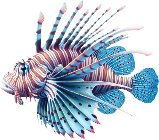 a realistic lionfish.
Single Game Texture. In-Game asset. 2d. Blank background. High contrast. No shadows.