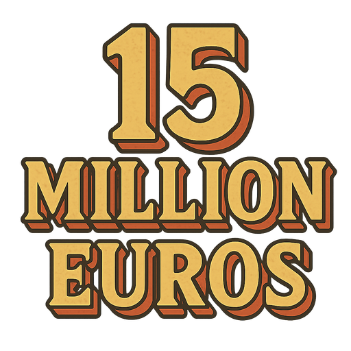 Create a visual that says 15 Million Euros. All the words should be written under each other. It should be in a retro theme. No background. Transparent background. Blank background. No shadows. 2d. In-Game asset. flat