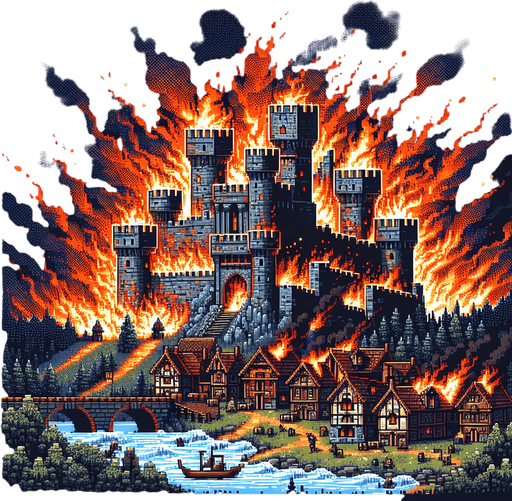 pixel art dramatic epic medieval village castle burning bad day.
Single Game Texture.  In-Game asset.  2d.  Blank background.  High contrast.  No shadows