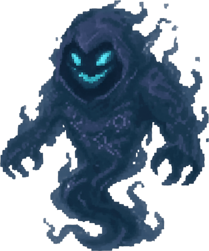 Create a pixel-art ghostly character based on the Turkish folklore concept of a "cin" (djinn). The character should have a semi-transparent, smoky body with ethereal, shifting edges. Its face should be menacing, with glowing green or blue eyes and a faint, wicked smile. Add small, broken chains or mystical symbols faintly visible on its body to suggest it was once sealed. It should be levitating, with ghost-like movement and a cursed aura. The color palette should include shades of dark blue, purple, and gray. 2D horror game style, PNG with transparent background, idle or float animation frame..
In-Game asset.  2d.  High contrast.  No shadows