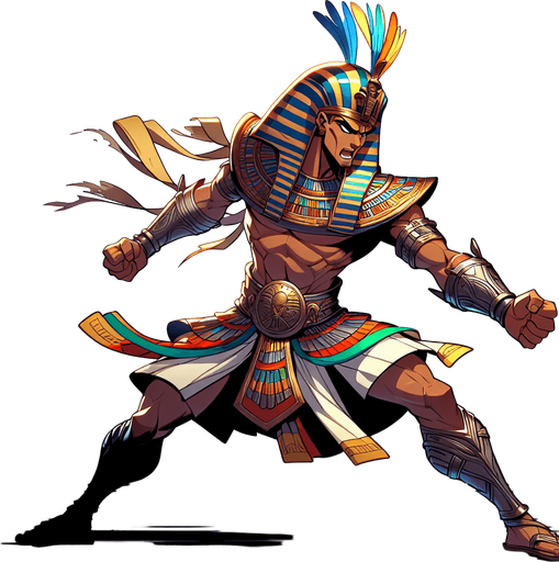 An animated image of an aggressive egyptian warrior.
Single Game Texture. In-Game asset. 2d. Blank background. High contrast. No shadows.