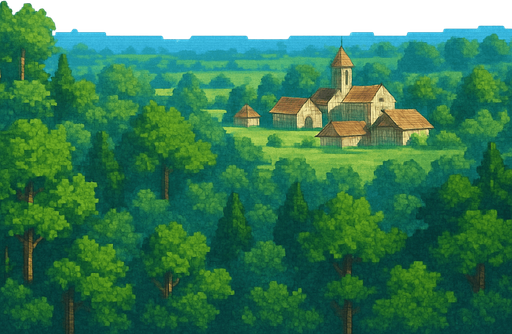 16 bit image langit biru cerah, daerah hutan luas, di kejauhan ada pedesaaan sederhana. suasana pagi hari langit biru.
In-Game asset.  2d.