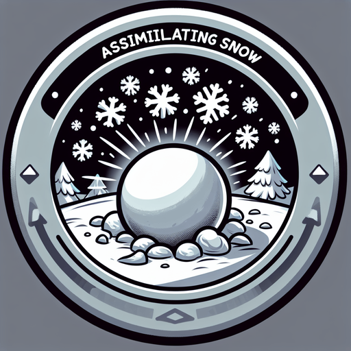 Icon for a snowball collide with snoflakes and becomes bigger, on a circle, with the text „ASSIMILATING SNOW“ at top, cartoon Single Game Texture. In-Game asset. 2d. Blank background. High contrast. No shadows.