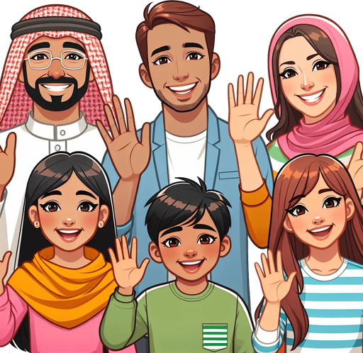 A smiling family waving..
Single Game Texture. In-Game asset. 2d. Blank background. High contrast. No shadows.