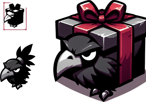 Cartoon of a christmas present, evil raven style, side view Single Game Texture. In-Game asset. 2d. Blank background. High contrast. No shadows.