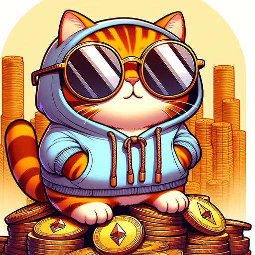 The character in the image, a delightful cartoon-style orange tabby cat adorned with noticeable stripes, finds itself in an intriguing new setting. It has a round face, concealed behind a pair of oversized, round, dark opaque sunglasses, giving it a look of cool curiosity. In a departure from its usual relaxed posture, the cat now stands majestically atop a vast pile of Ethereum tokens, its body small and chubby against the backdrop of digital wealth. Clad in its simple, light-colored hoodie with a drawstring, the cat appears both out of place and perfectly at home on this crypto mountain. Its paws are visible in front, slightly adjusted to maintain balance, while it surveys its surroundings with a playful whimsy. This unique scenario, mixing the cat's casual mascot charm with the world of cryptocurrency, perfectly suits a character in a children's book, introducing young readers to the concept of digital currencies in a fun and imaginative way..
Single Game Texture. In-Game asset. 2d. Blank background. High contrast. No shadows.