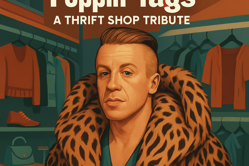 Fullscreen modern App Store portrait banner, high definition, for a game titled "Poppin' Tags: A Thrift Shop Tribute " Macklemore in picture