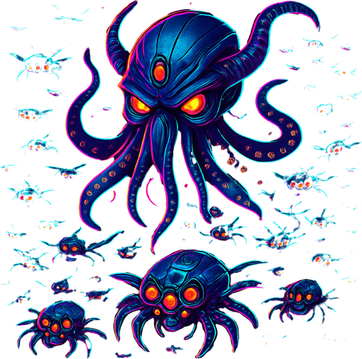 Cutout, swarm, neon cyberpunk glow horror corporate murder squid flying robot monsters
