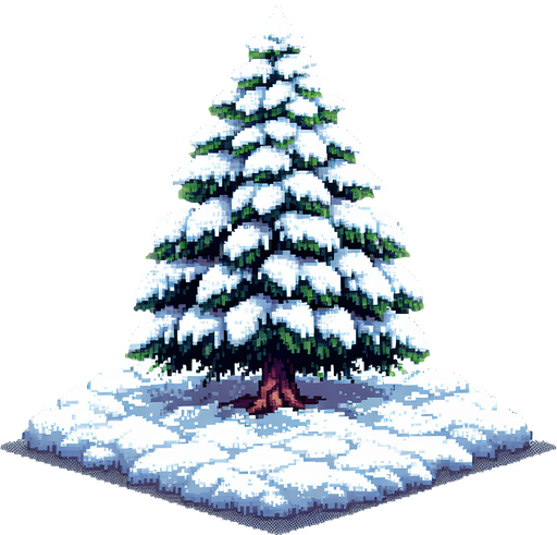pixel art of a christmas tree covered in snow. Single Game Texture. In-Game asset. 2d. Blank background. High contrast. No shadows.