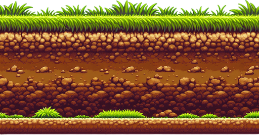 Side on. Dirt with grass. Full width. Super mario.
Blank background.  High contrast.  No shadows
