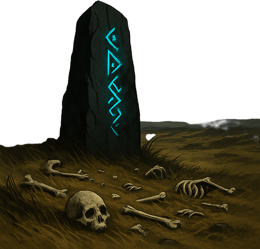 A windswept plain with a cursed black stone monolith, glowing runes etched into it, bones scattered around, storm clouds looming, realistic.
In-Game asset.  2d.  High contrast.  No shadows