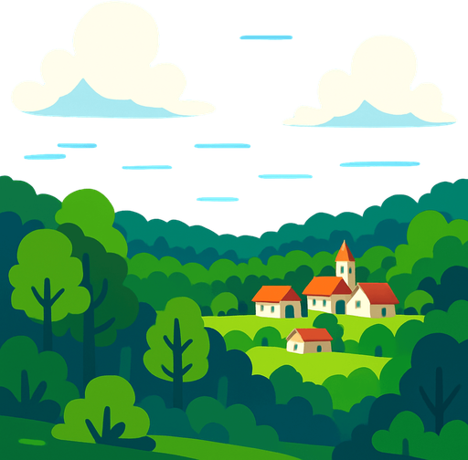 langit biru cerah, daerah hutan luas, di kejauhan ada pedesaaan sederhana. suasana pagi hari langit biru.
In-Game asset.  2d.  High contrast.  No shadows