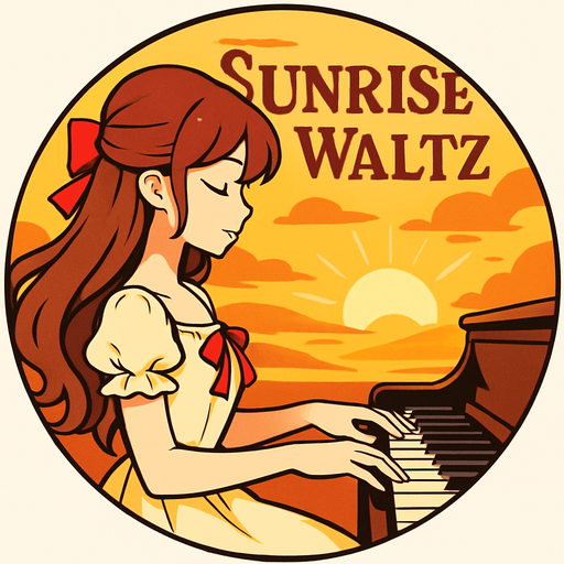 Round shape of anime style song cover with the themed Sunrise Waltz.
In-Game asset.  2d.  High contrast.  No shadows