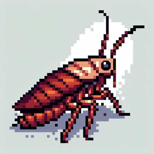 Genera una cucaracha de color marron que se vea solo de perfil mirando a la izquierda en pixel art.
Single Game Texture.  In-Game asset.  2d.  Blank background.  High contrast.  No shadows