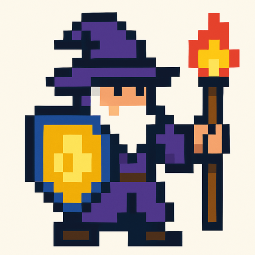 piksel kalkanlı büyücü.
In-Game asset.  2d.  High contrast.  No shadows