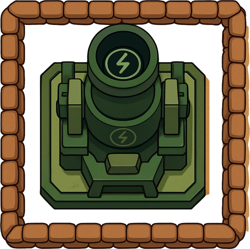 Top view of an Green defense Military tower large EMP mortar, in the desert, the image has a square border outlined by military defense Brown sandbags.
In-Game asset.  2d.  High contrast.  No shadows