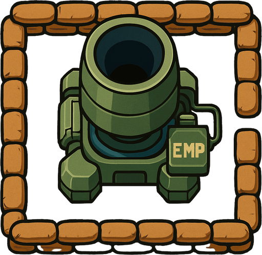 Top view of an Green defense Military tower large EMP mortar, in the desert, the image has a square border outlined by military defense Brown sandbags.
In-Game asset.  2d.  High contrast.  No shadows