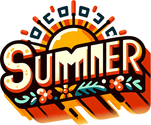 Create an SVG text design for "SUMMER" in bold cartoon style with chunky rounded letters. Add sun rays and small flower details in warm, vibrant colors.​​​​​​​​​​​​​​​​.
Single Game Texture. In-Game asset. 2d. Blank background. High contrast. No shadows.