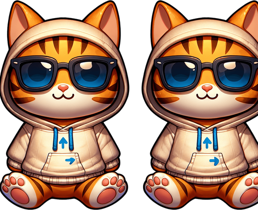 "The character in the image is an adorable, cartoon-style orange tabby cat, marked by its striking stripes. It features a round face, concealed behind oversized, round, dark opaque sunglasses, giving it an air of mystery. The cat's form is delightfully small relative to its head, contributing to its cute, chubby appearance. It wears a simple, light-colored hoodie. Prominently featured on the hoodie is a unique logo: a pair of arrows, with the blue arrow aiming left and the black arrow aiming right. This hoodie, complete with a drawstring, showcases the cat's laid-back style. With its paws out in front, the cat sits in a posture of ease, radiating a sense of peace and satisfaction. The character's playful and whimsical nature makes it not just an ideal mascot but also a captivating character in children's stories.
Single Game Texture. In-Game asset. 2d. Blank background. High contrast. No shadows.
