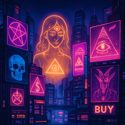 cyberpunk neon anime metropolis skyline holograms billboards, occult-capitalism-consumerism imagery nighttime futuristic architecture glow