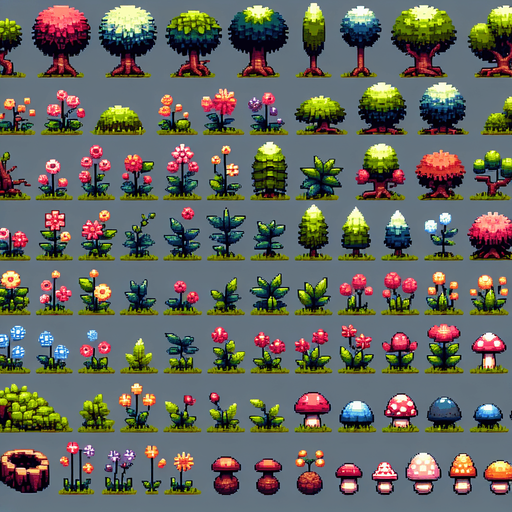 Create a sprite sheet featuring various forest landscape elements, including flowers, small hills, dug holes, mushrooms, trees, bushes, and rocks. Each element should be designed in a detailed pixel art style, reminiscent of classic 32-bit era video games. Ensure that the colors are vibrant and natural, with each element distinctly recognizable. The flowers should have a variety of colors and shapes, the hills should have gentle slopes, the holes should look freshly dug, the mushrooms should be varied in size and color, the trees should have detailed bark and lush canopies, the bushes should be dense with leaves, and the rocks should have texture and shading. Arrange the elements on a neutral background, with each item neatly aligned in rows and columns for easy identification and use in game development..
Single Game Texture. In-Game asset. 2d. Blank background. High contrast. No shadows.