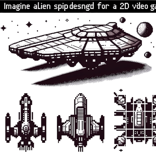 alien ship facing downwards.
Single Game Texture. In-Game asset. 2d. Blank background. High contrast. No shadows. Pixelated.