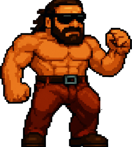 tüm vücudunun ayaklarına kadar gözükebileceği açıdan daha uzaktan çekilmiş kafasının üstünün ve saçlarının belli olduğu halini yarat, ayrıca "the silhouette of the very big gun that the man hides in his pants creates a big bump towards to ground with the tension of the pants" belli olsun