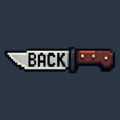 un cuchillo hecho con pixeles que tenga escrito back.
In-Game asset.  2d.  High contrast.  No shadows