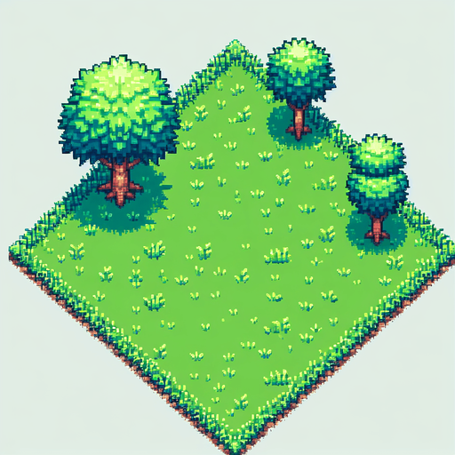 Pixel art, Top down view green grass and a couple trees.
Single Game Texture. In-Game asset. 2d. Blank background. High contrast. No shadows.