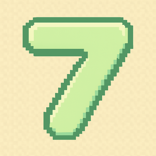 A pixel art number "7" designed for a cozy, cute retro 2D game UI with a bird theme. The number is rendered in soft pastel light green tones to harmonize with the gentle and sweet aesthetic of the game. It has a clean, simple, and rounded pixel style with no harsh edges, fitting perfectly within the pixel art UI style. The number is bold and easily readable at small sizes..
In-Game asset.  2d.  High contrast.  No shadows. pixel art. retro. 2d ui. number. pastel light green. simple. rounded edges. bold. cute. minimal