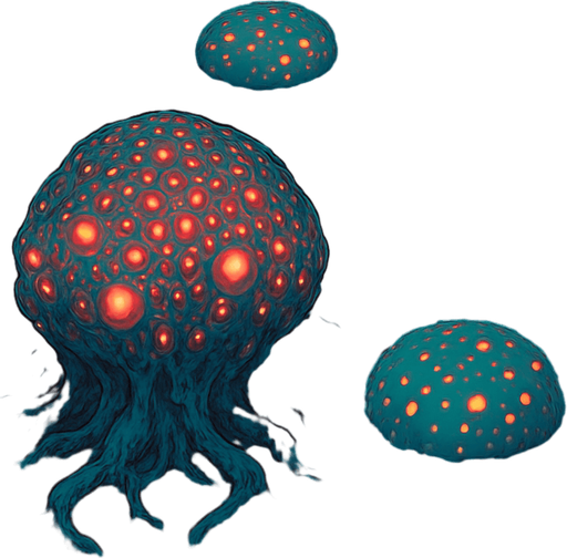 Top down isometric Cyberpunk forest thick foliage woods, anime Akira-nausicaa inspired, background scene, large sci-fi horror bioluminescent glowing alien flora