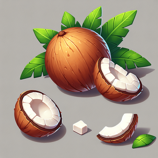 A coconut and a few pieces of coconut.
Single Game Texture. In-Game asset. 2d. Blank background. High contrast. No shadows.