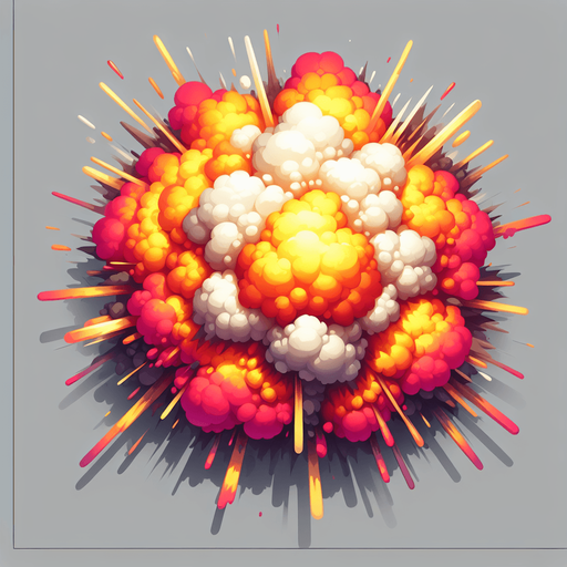 A realistic looking explosion, viewed from above. Bright coloured fire
Single Game Texture. In-Game asset. 2d. Blank background. High contrast. No shadows.