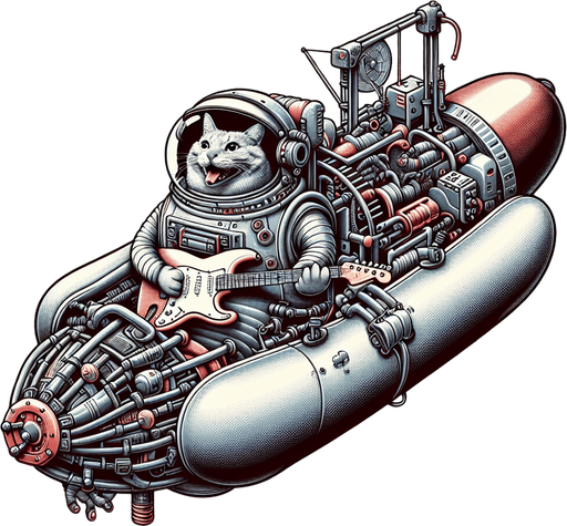 Mechanical hot dog spacecraft piloted by a cheeky, morbidly obese astronaut cat playing a fender stratocaster.
Single Game Texture. In-Game asset. 2d. Blank background. High contrast. No shadows.
