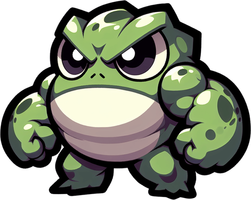 chibi anger bulk frog monster walk.
Single Game Texture.  In-Game asset.  2d.  Blank background.  High contrast.  No shadows