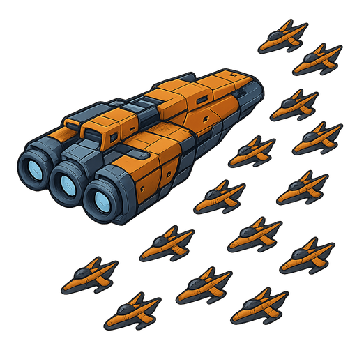 A spaceship with engines at the back and lots of mini spaceships next to the big one.
Single Game Texture.  In-Game asset.  2d.  Blank background.  High contrast.  No shadows