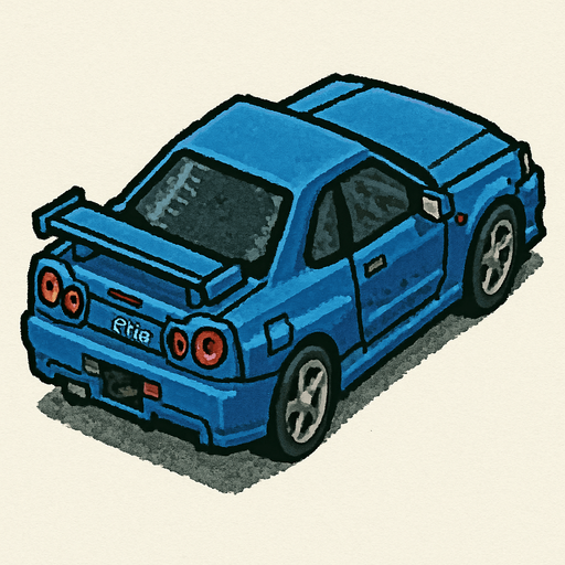 nissan gtr r34, seen from rear right

Top-down, gta2, Single Game Texture. In-Game asset. 2d. Blank background. High contrast. No shadows.isometric