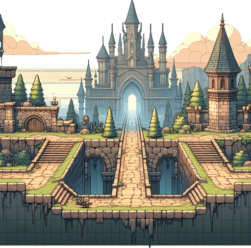 the foregund of a horizontally scrolling game, where the player walks sideways along a path. the color should be muted, fantasy medieval style. the game is a platformer or endless runner game, so everything should be seen from the side..
Single Game Texture. In-Game asset. 2d. Blank background. High contrast. No shadows.