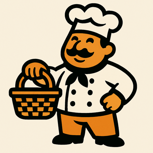 Chef con una cesta en la mano.
In-Game asset.  2d.  High contrast.  No shadows