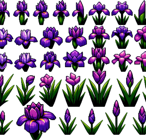 A sprite sheet of different purple iris seen from above. Cartoon. All similar size. Just the blossom. Bold colors and shading. 
Single Game Texture. In-Game asset. 2d. Blank background. High contrast. No shadows.