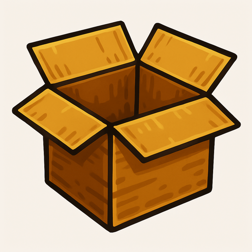 open cardboard box.
Single Game Texture.  In-Game asset.  2d.  Blank background.  High contrast.  No shadows