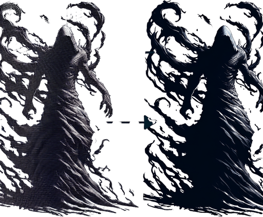 A figure fully merged with swirling, dynamic shadows, looking menacing..
Single Game Texture.  In-Game asset.  2d.  Blank background.  High contrast.  No shadows
