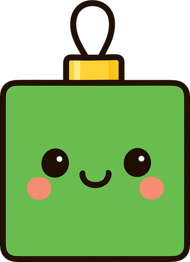 Perfectly square bright green Christmas decoration with cute happy face. Cartoon style. Cute art style. Simple vector style. No Shadows