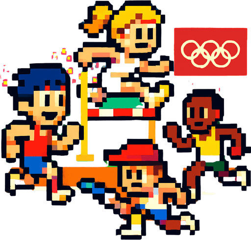 has personajes animados estilo arcade en un ambiente de juesgo olimpicos.
In-Game asset.  2d.  High contrast.  No shadows