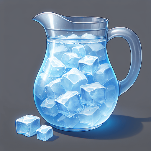 A pitcher full of nice fresh water and ice cubes..
Single Game Texture. In-Game asset. 2d. Blank background. High contrast. No shadows.