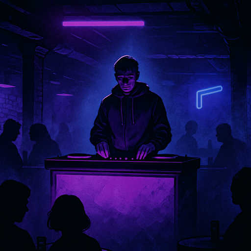 A cinematic comic book-style vertical panel, 2048x2732. Inside a moody, dimly lit underground bar, a lone DJ (Noah) stands behind a glowing DJ booth, facing forward but with his head slightly bowed. Sparse silhouettes of a few customers sit at shadowy tables, blurred by distance and smoke. Purple and blue neon lights gently illuminate the space. The atmosphere feels still, as if something important just began. A faint spotlight outlines Noah's figure. This scene conveys calm before momentum, subtle drama and emotional depth. No text or narration in the image..
In-Game asset.  2d.  High contrast.  No shadows