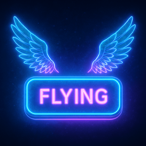neon cyberpunk glowing FLYING button blue pink futuristic videogame hologram two feathered hologram wings off top