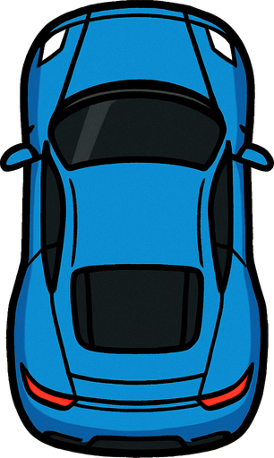 Sports Car,blue,2d,game asset,png,upper profile.
In-Game asset.  2d.  High contrast.  No shadows,upper look,upper side