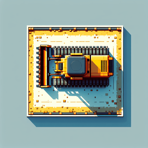 A bulldozer seen from stricly from the top..
Single Game Texture. In-Game asset. 2d. Blank background. High contrast. No shadows.